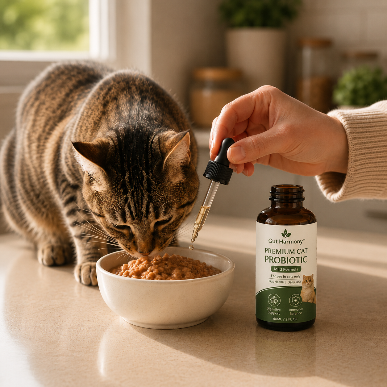 Cat eating with Gut Harmony digestive support