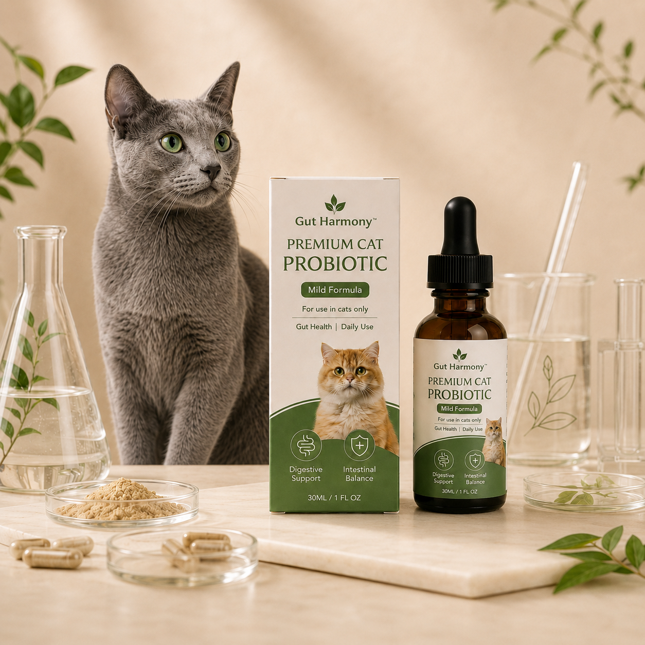 Indoor cat with Gut Harmony digestive support