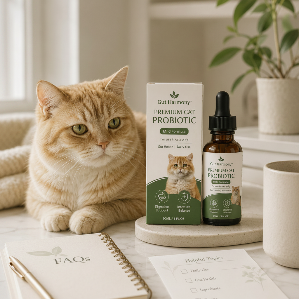 Indoor cat beside Gut Harmony probiotic drops