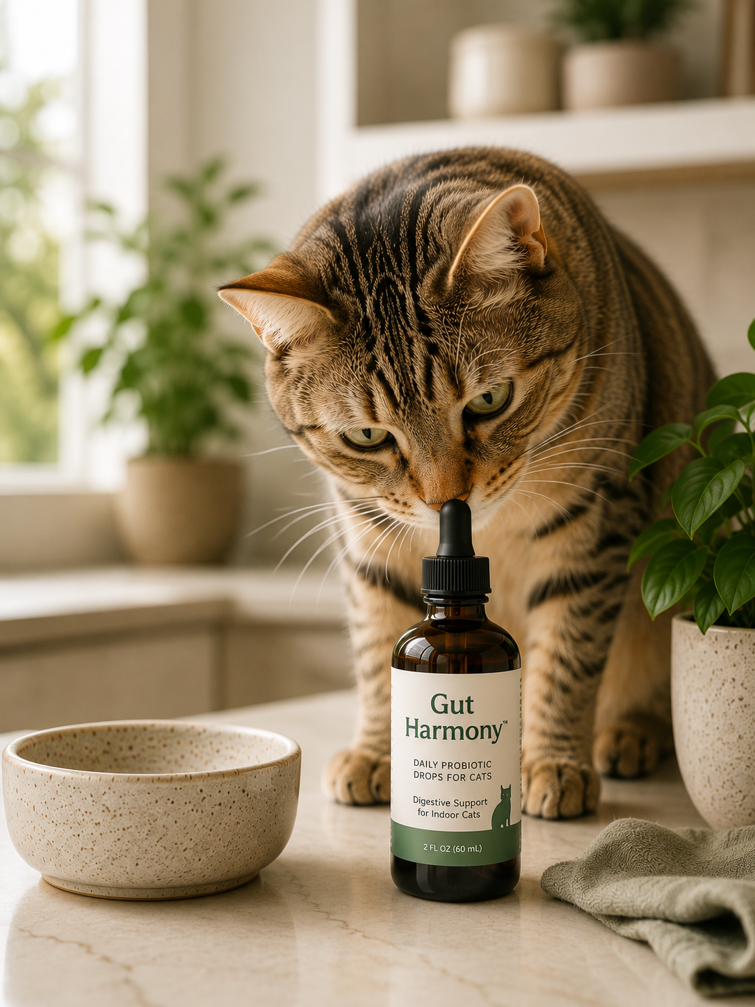 Indoor cat with Gut Harmony probiotic drops